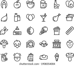 Food line icon set - cafe shop, ice cream, wine, baguette, coffee top view, milk bootle and pack, fish steak, cooking pan, kitchen, eggs yolk, egg timer, omelette, french press, cocktail, coconut