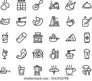 Food line icon set - cafe, drink, pizza piece, to go, chinese pasta, funchose, tea ceremony, green, roll knife, coffee pot, fried chicken, cheese plate, julienne, cup, irish, sausage on fork, pan