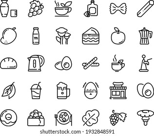 Food line icon set - cafe shop, green tea, rice vodka, gunkan, lemoncello, grape, donut, cocktail, cheese plate, coffee pot, kettle, eggs yolk, egg timer, milk bottle, bread, baguette, cake piece