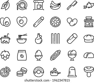 Food Line Icon Set - Cafe, Hot Dog, Pizza, Donut, Fish, Funchose, Olive Oil, Bread, Ice Cream, Julienne, Coffe Maker, Coffee Top View, Pack, Cooking, Chef Knife, Egg Stand, Eggs Yolk, Love, Macarons