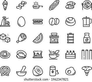 Food line icon set - cafe, hot dog, sandwich, ice cream, oyster, sashimi, ham, pretzel, beer box, cheese plate, french press, coffee mill, instant, beans, refined sugar, pan, egg, omelette, pancake