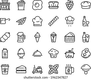 Food line icon set - cafe shop, burito, ice cream horn, coffee to go, lunch box, tea ceremony, chef hat, wine, bread, beer mug, omelette, milk tank, turkish, sausage, dish dome, cooking, egg stand