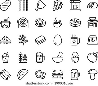 Food line icon set - cafe, green tea, calsone, salami, ravioli, beer mug, burger, cocktail, cheese plate, coffe maker, coffee capsule, ham, ribs, steak, cooking, egg, broaken, pack, cup, wheat, foam