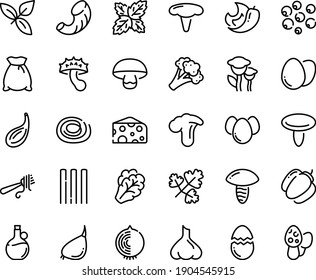 Food line icon set - cheese, basil, fork with pasta, olive oil, egg, broaken, eggs, flour bag, arugula, broccoli, bell pepper, garlic, chili, onion, cardamon, black, parsley, spaghetti, pipe rigate