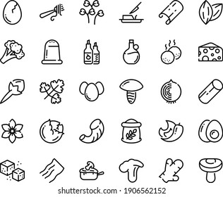 Food line icon set - cheese, fork with pasta, olive oil, ketchup, julienne, butter knife, refined sugar, meatballs, broaken egg, eggs, yolk, flour bag, cabbage, broccoli, chili pepper, cinnamon