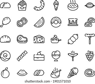Food line icon set - cherry cake piece, meat, watermelon, french fries, sausage on fork, donut, fried chiken leg, ice cream, cheese, salami, chicken, bakery, julienne, cutlet, bread, pancake, tacos