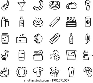 Food line icon set - cherry cake piece, spike, tacos, pasta in pan, fried chicken, goose, pancakes, milk bootle and pack, cutlet, turkish coffee, cocktail, soda, bottle, wine, whiskey, beer glass