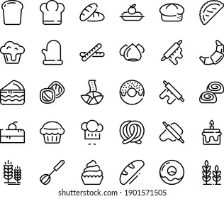 Food Line Icon Set - Cherry Cake Piece, Chief Hat, Bread, Donut, Fortune Cookie, Chef, Dough And Rolling Pin, Calsone, Pretzel, Spike, Croissant, Charlotte, Meringue, Bakery, Cupcake, Whisk, Muffin