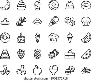 Food line icon set - cherry cake piece, watermelon, donut, ice cream horn, fortune cookie, panna cotta, croissant, charlotte, cocktail, bakery, cupcake, refined sugar, big, muffin, macarons, cookies