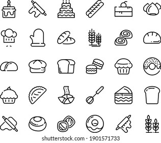 Food line icon set - cherry cake piece, cupcake, bread, donut, fortune cookie, chef hat, dough and rolling pin, calsone, spike, baguette, meringue, bakery, whisk, cooking glove, big, muffin, tacos