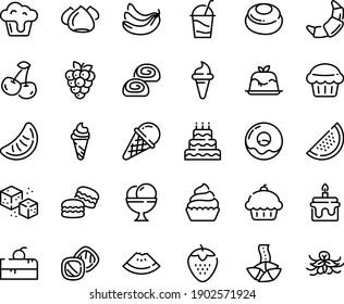 Food line icon set - cherry cake piece, cupcake, watermelon, ice cream horn, fortune cookie, panna cotta, donut, croissant, cocktail, meringue, bakery, refined sugar, big, muffin, macarons, cookies