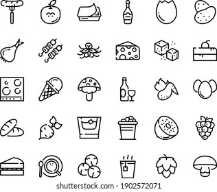 Food line icon set - cherry cake piece, bread, sausage on fork, hot tea, kebab, cheese, ice cream, wine, pate can, champagne, coffee top view, refined sugar, chicken wing, stove, broaken egg, eggs