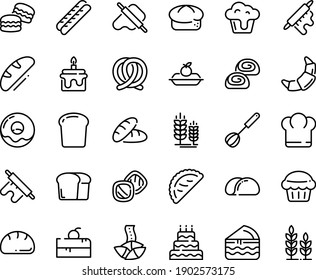 Food line icon set - cherry cake piece, chief hat, bread, fortune cookie, dough and rolling pin, calsone, pretzel, spike, donut, croissant, baguette, charlotte, bakery, whisk, cupcake, big, muffin