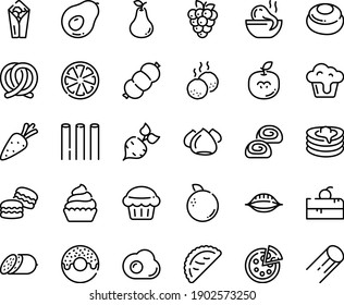 Food line icon set - cherry cake piece, burito, donut, octopus soup, calsone, pizza, salami, pretzel, meringue, bakery, cupcake, pancakes, sausage, meatballs, omelette, muffin, macarons, cheesecake