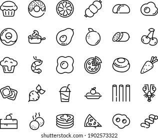 Juego de iconos de la línea de comida - repostería de cerezo, pizza, donut, camarón, bogavante, salami, ravioli, charlotte, cóctel, juliana, crepes, salchichas, albóndigas de carne, tortilla, quequito, aleta, tacos de pan, zanahoria