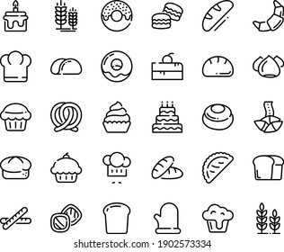 Food line icon set - cherry cake piece, chief hat, cupcake, bread, donut, fortune cookie, chef, calsone, pretzel, spike, croissant, meringue, cooking glove, baguette, big, muffin, macarons, tacos