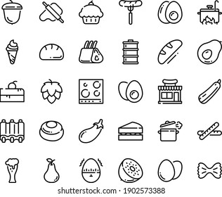 Food line icon set - cherry cake piece, cupcake, cafe shop, sausage on fork, ice cream, dough and rolling pin, acorn, beer glass, ribs, cooking pan, stove top view, egg, eggs yolk, timer, bread, hop