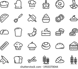 Food Line Icon Set - Cherry Cake Piece, Cupcake, Bread, Fortune Cookie, Chef Hat, Dough And Rolling Pin, Calsone, Spike, Donut, Croissant, Baguette, Charlotte, Bakery, Whisk, Cooking Glove, Macarons