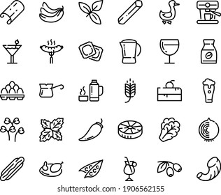 Food line icon set - cherry cake piece, spike, hot dog, basil, olives, ravioli, sausage on fork, wine glass, goose, turkish coffee, instant, irish, machine, pot, chicken, egg pack, thermo flask
