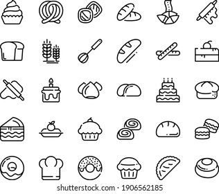 Food line icon set - cherry cake piece, chief hat, cupcake, bread, donut, fortune cookie, dough and rolling pin, calsone, pretzel, spike, charlotte, meringue, bakery, whisk, baguette, big, muffin
