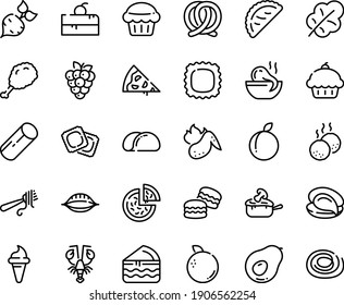 Food line icon set - cherry cake piece, pizza, cupcake, fried chiken leg, ice cream horn, octopus soup, oyster, lobster, calsone, fork with pasta, ravioli, pretzel, julienne, meatballs, muffin, beet