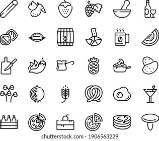 Food line icon set - cherry cake piece, spike, pizza, hot pepper, fortune cookie, grape, wine, pretzel, beer box, julienne, pancakes, turkish coffee, chicken wing, knife board, omelette, cocktail