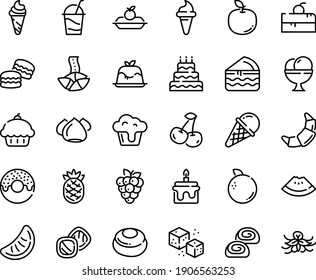 Food line icon set - cherry cake piece, cupcake, watermelon, donut, ice cream horn, fortune cookie, panna cotta, croissant, charlotte, cocktail, meringue, bakery, refined sugar, big, macarons