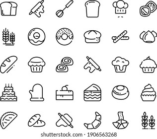 Food line icon set - cherry cake piece, cupcake, bread, donut, fortune cookie, chef hat, dough and rolling pin, calsone, spike, croissant, meringue, bakery, whisk, cooking glove, baguette, big