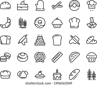 Juego de íconos de línea de comida - tarta de cerezo, sombrero jefe, quequito, pan, donut, galleta de la fortuna, chef, pasta y alfiler, calsona, pretzel, pico, cruasán, baguette, charlotte, merengue, grande, aleta