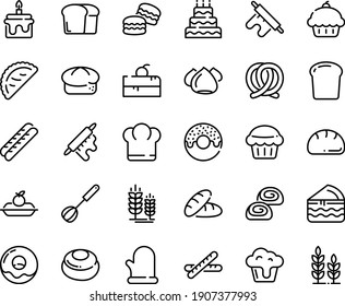 Food line icon set - cherry cake piece, chief hat, cupcake, bread, donut, calsone, pretzel, spike, baguette, charlotte, meringue, bakery, rolling pin, whisk, cooking glove, big, muffin, macarons