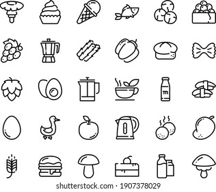 Food line icon set - cherry cake piece, spike, fish, sashimi, gunkan, ice cream, coffee pot, bread, burger, goose, cupcake, french press, milk bootle and pack, meatballs, kettle, egg, eggs yolk, hop