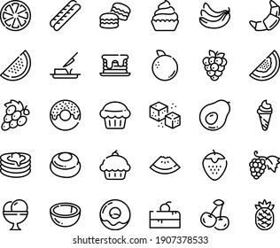 Food line icon set - cherry cake piece, cupcake, watermelon, donut, ice cream, grape, croissant, baguette, pancakes, butter knife, refined sugar, muffin, pancake, macarons, cheesecake, banana, melon