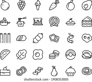 Juego de íconos de línea de comida - tarta de cerezo, quequitos, donut, cuerno de helado, pasta china, ostra, camarón, calsona, salami, ravioli, pretzel, charlotte, julienne, salchicha, tortilla, panqueque, macarons