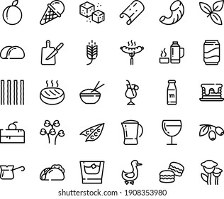Food line icon set - cherry cake piece, spike, tacos, rice bowl, basil, olives, ice cream, sausage on fork, wine glass, goose, turkish coffee, irish, refined sugar, pot, cutlet, knife board, soda