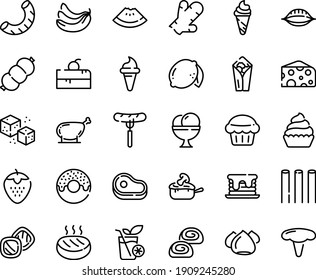 Food Line Icon Set - Cherry Cake Piece, Meat, Watermelon, Burito, Sausage On Fork, Donut, Ice Cream Horn, Cheese, Meringue, Bakery, Cupcake, Julienne, Refined Sugar, Cutlet, Chicken Leg, Smoothies