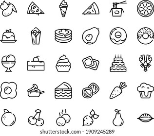 Juego de iconos de la línea de comida - repostería de cerezo, pizza, burrito, donut, helado, pasta china, bogavante, panna cotta, ravioli, quequito, juliana, crepes, albóndigas de carne, ala de pollo caliente, tortilla, grande, zanahoria