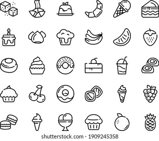 Food line icon set - cherry cake piece, cupcake, donut, ice cream horn, fortune cookie, panna cotta, croissant, cocktail, meringue, bakery, refined sugar, muffin, macarons, cookies, cheesecake