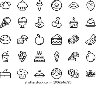 Food line icon set - cherry cake piece, cupcake, watermelon, donut, ice cream horn, fortune cookie, panna cotta, charlotte, cocktail, meringue, bakery, refined sugar, big, macarons, cookies, orange