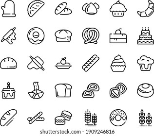 Food Line Icon Set - Cherry Cake Piece, Cupcake, Bread, Donut, Fortune Cookie, Dough And Rolling Pin, Calsone, Pretzel, Spike, Croissant, Baguette, Charlotte, Meringue, Bakery, Cooking Glove, Big