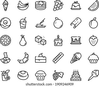 Food line icon set - cherry cake piece, cupcake, ice cream, fortune cookie, panna cotta, grape, donut, croissant, baguette, cocktail, pancakes, butter knife, refined sugar, smoothies, big, muffin