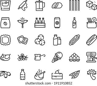 Food line icon set - cherry cake piece, milk bottle, hot dog, pasta in pan, olives, ice cream, salami, ravioli, sausage on fork, fried chicken, french press, turkish coffee, machine, pack, egg, wine