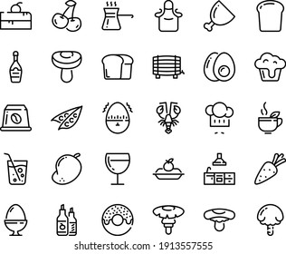 Food line icon set - cherry cake piece, donut, green tea, lobster, chef hat, ketchup, champagne, wine glass, charlotte, coffee capsule, ham, kitchen, apron, egg stand, eggs yolk, timer, turkish