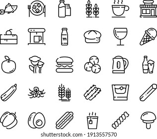 Food line icon set - cherry cake piece, burger, cafe shop, hot tea, fish, ice cream, bread, dog, spike, wine glass, cheese plate, coffee cup, coffe maker, milk bootle and pack, eggs yolk, kettle