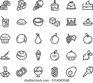 Food line icon set - cherry cake piece, cupcake, watermelon, ice cream, fortune cookie, panna cotta, grape, charlotte, bakery, butter knife, refined sugar, soda glass, muffin, pancake, cookies, beet