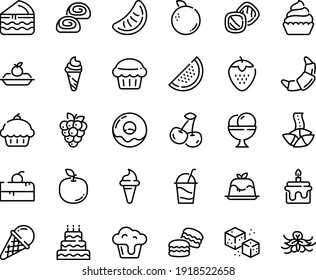 Food Line Icon Set - Cherry Cake Piece, Cupcake, Ice Cream Horn, Fortune Cookie, Panna Cotta, Donut, Croissant, Charlotte, Cocktail, Bakery, Refined Sugar, Big, Muffin, Macarons, Cookies, Strawberry