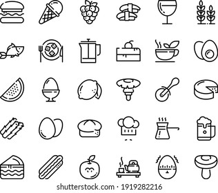 Food line icon set - cherry cake piece, burger, fish, tea ceremony, sashimi, chef hat, pizza roll knife, ice cream, bread, hot dog, wine glass, cheese, plate, french press, egg, stand, eggs yolk