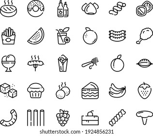 Food line icon set - cherry cake piece, french fries, burito, donut, fried chiken leg, fork with pasta, sausages, ketchup, ice cream, meringue, refined sugar, sausage on, cutlet, meatballs, muffin