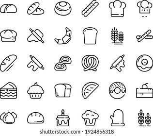 Food line icon set - cherry cake piece, chief hat, cupcake, bread, donut, chef, dough and rolling pin, calsone, pretzel, spike, croissant, baguette, meringue, bakery, cooking glove, tacos, wheat