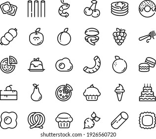 Juego de iconos de la línea de comida - repostería de cerezo, quequitos, pizza, donut, cuerno de helado, almejas, gambas, tenedor con pasta, panna cotta, ravioli, pretzel, crepes, salchicha, tortilla, grande, aleta de aleta, macarons, remolacha