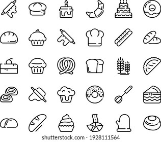 Food line icon set - cherry cake piece, chief hat, cupcake, bread, donut, fortune cookie, dough and rolling pin, calsone, pretzel, spike, croissant, baguette, bakery, whisk, cooking glove, big